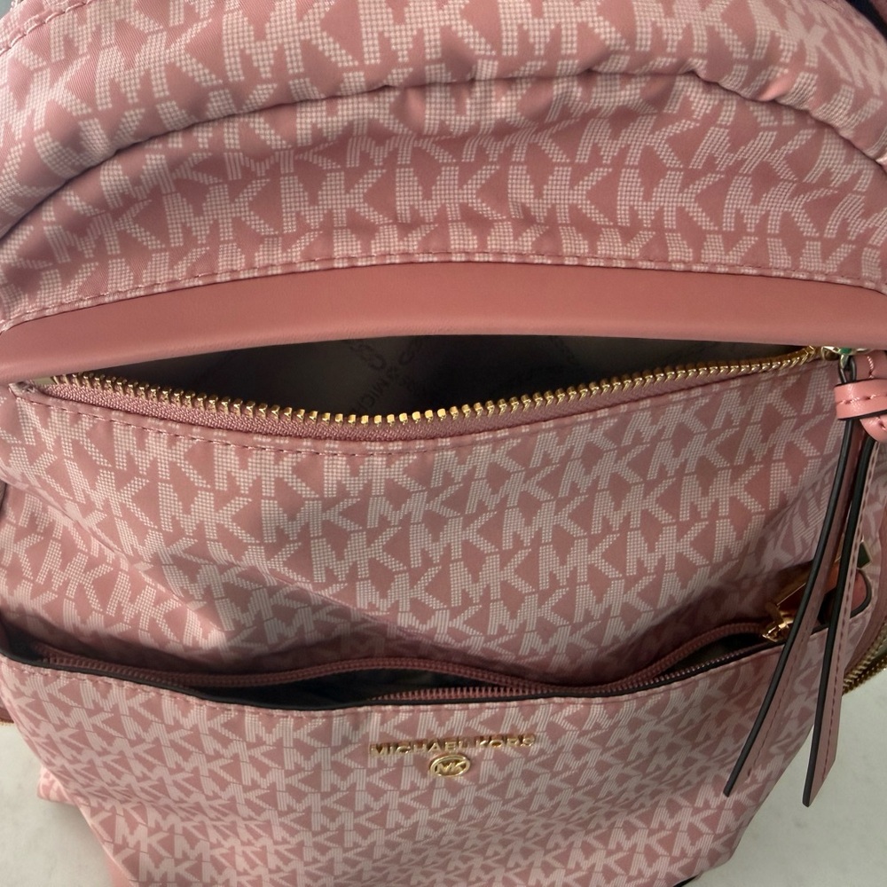 Michael Kors Pink Prescott Large Signature Logo Print Woven Backpack - Picture 7 of 15